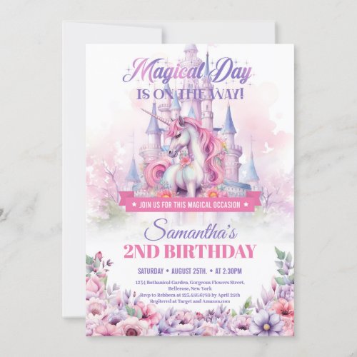 Pastel Pink Unicorn and Fairy Castle 2nd Birthday Invitation