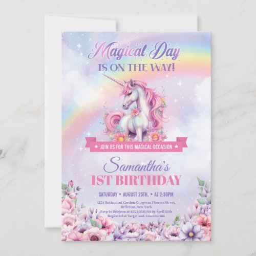 Pastel Pink Unicorn and Rainbows 1st Birthday Invitation
