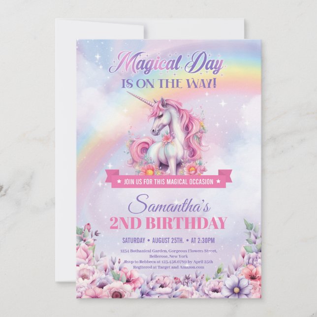 Pastel Pink Unicorn and Rainbows 2nd Birthday Invitation (Front)