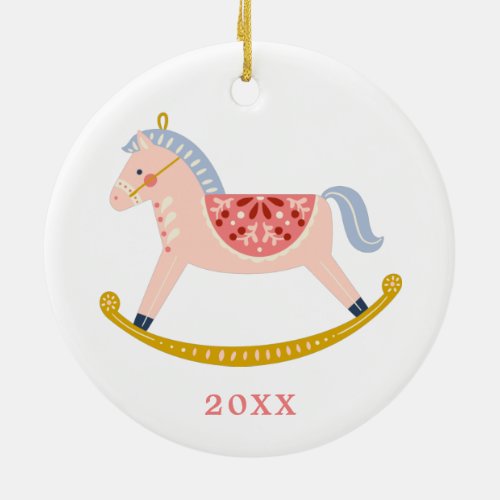 Pastel Pink Vintage 1st Christmas Rocking Horse Ceramic Ornament
