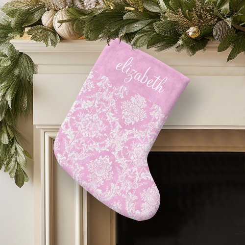 Pastel Pink Vintage Damask Pattern Grungy Finish Large Christmas Stocking