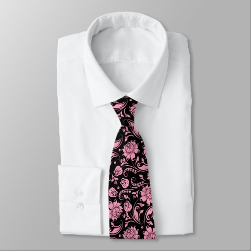 Pastel Pink Vintage Floral Damasks On Black Neck Tie