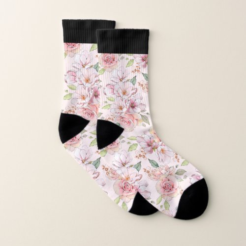 Pastel pink vintage roses pattern socks