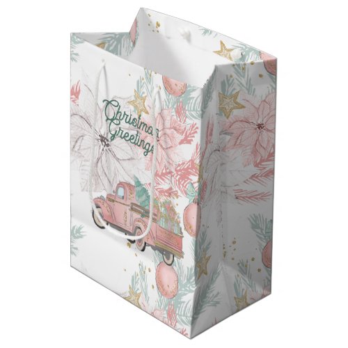 Pastel Pink Vintage Truck Poinsettias Christmas Medium Gift Bag