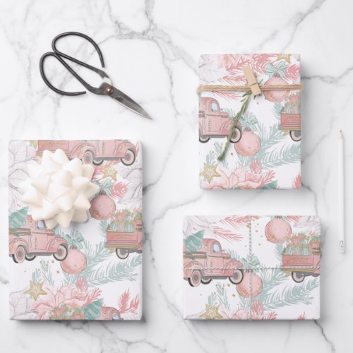 Pastel Pink Vintage Truck Poinsettias Christmas  Wrapping Paper Sheets