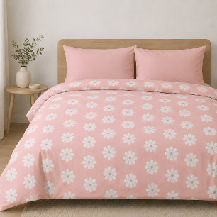 Pastel Pink Vintage White Daisy Floral Duvet Cover