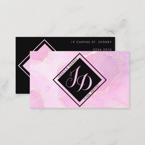 Pastel Pink Watercolor Black Diamond Monogram Business Card