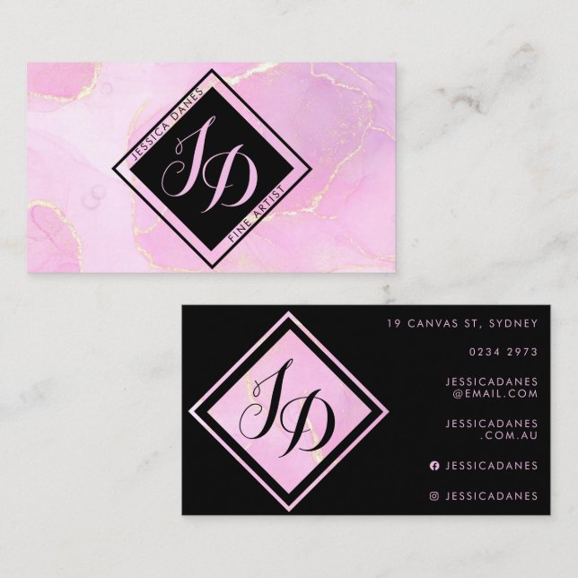Pastel Pink Watercolor Black Diamond Monogram Business Card (Front/Back)