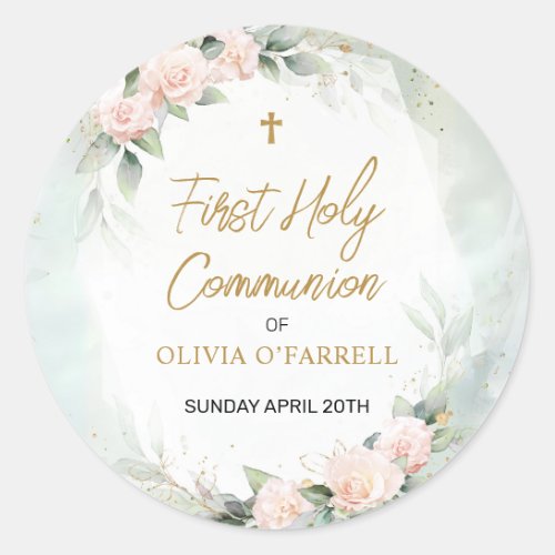 Pastel Pink Watercolor Floral First Holy Communion Classic Round Sticker