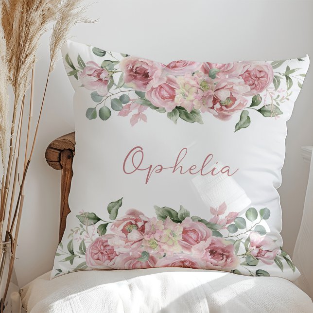 Pastel Pink Watercolor Floral Name Throw Pillow (Creator Uploaded)