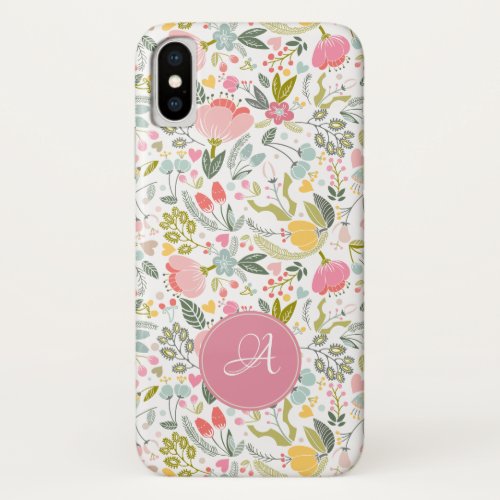 Pastel Pink Watercolor Floral Pattern Monogrammed iPhone XS Case