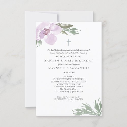 Pastel Pink Watercolor Florals Twins Baptism Invitation