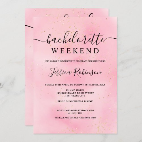 Pastel pink watercolor gold glitter bachelorette invitation