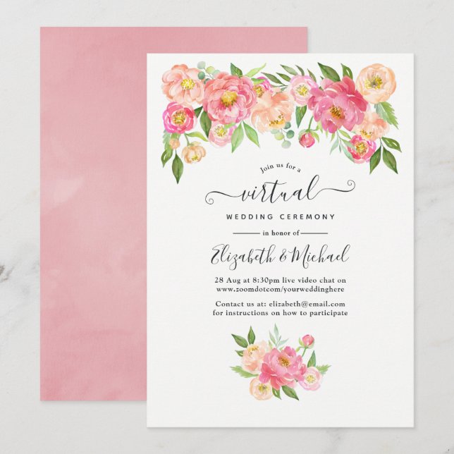 Pastel Pink Watercolor Online Virtual Wedding Invitation (Front/Back)