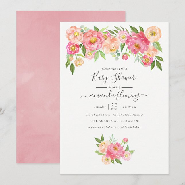 Pastel Pink Watercolor Peonies Baby Shower Invitation (Front/Back)
