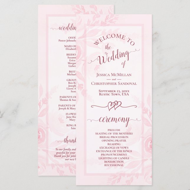 Pastel Pink Watercolor Peonies Elegant Wedding Program (Front/Back)