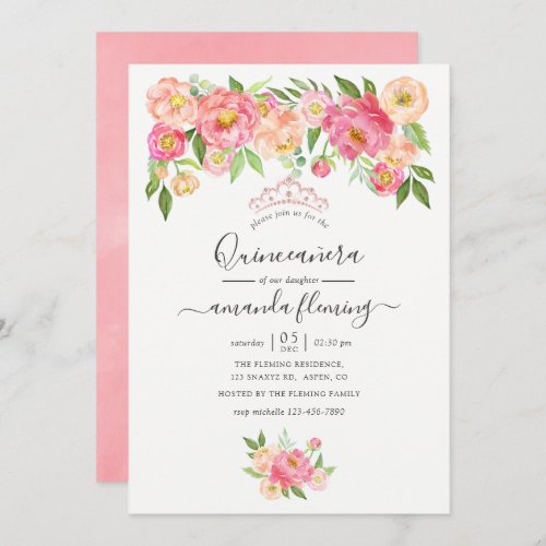 Pastel Pink Watercolor Peonies Quinceaera Invitation