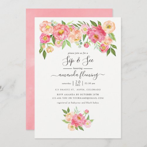 Pastel Pink Watercolor Peonies Sip and See Invitation