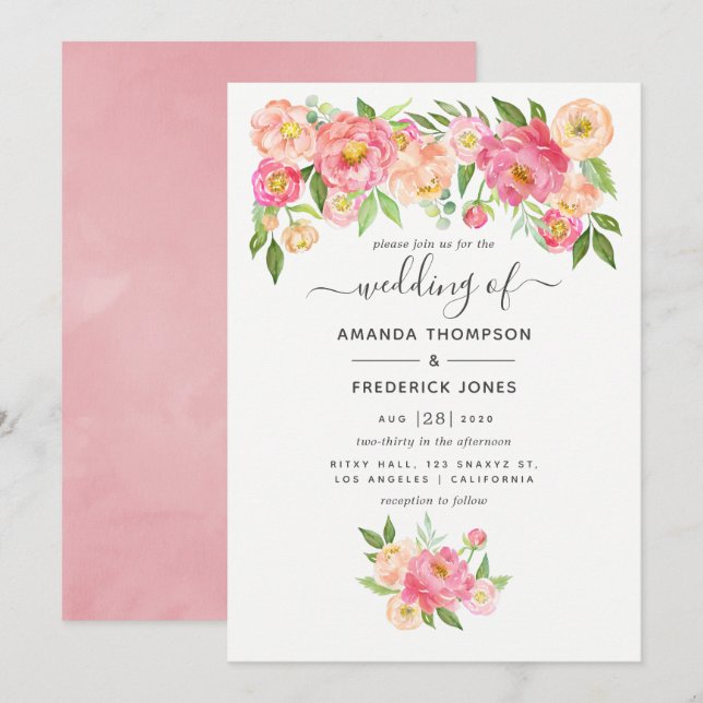 Pastel Pink Watercolor Peonies Wedding Invitation (Front/Back)