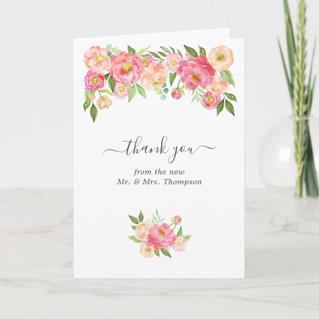 Pastel Pink Watercolor Peonies Wedding Photo Thank You Card (Front)