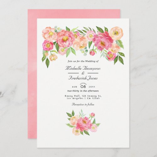 Pastel Pink Watercolor Peony QR Code RSVP Wedding Invitation