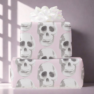 Pastel Pink Watercolor Skull Halloween Wrapping Paper