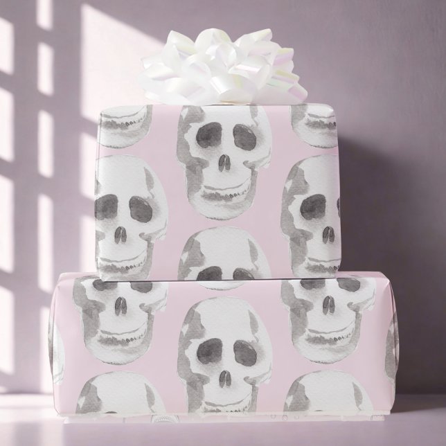 Pastel Pink Watercolor Skull Halloween  Wrapping Paper (Creator Uploaded)