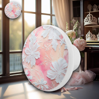 Pastel Pink Watercolor with White Vintage Lace Pat Ceramic Knob