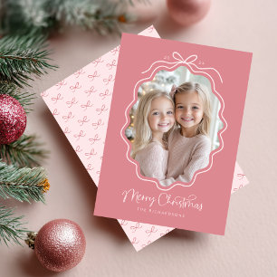 Pastel Pink Wavy Bow Frame Photo Christmas Holiday Card
