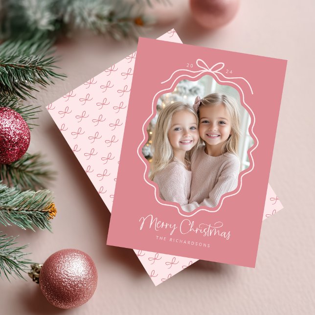 Pastel Pink Wavy Bow Frame Photo Christmas Holiday Card (Creator Uploaded)