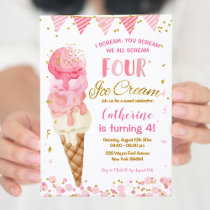 Pastel Pink We Scream Four Ice Cream 4th Birthday Invitation