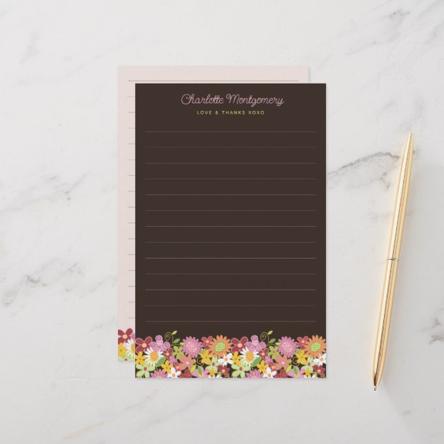 Pastel Pink Whimsical Spring Flowers Garden Blooms Stationery (Front/Back In Situ)