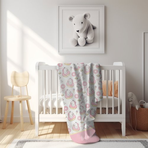 Pastel Pink Whimsical Unicorn Pattern with Name Sherpa Blanket