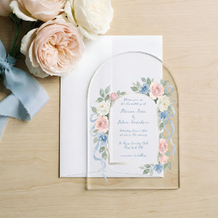 Pastel Pink, White and Blue Roses & Ribbon Arch Acrylic Invitations