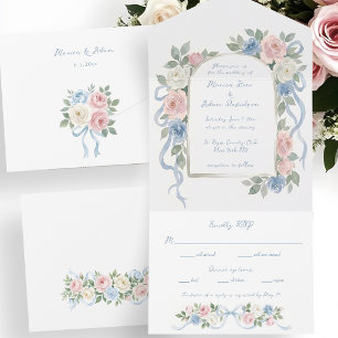 Pastel Pink, White and Blue Roses & Ribbon Arch All In One Invitation