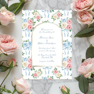 Pastel Pink, White and Blue Roses & Ribbon Arch Invitation