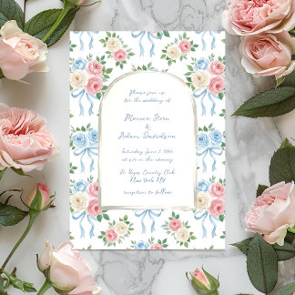 Pastel Pink, White and Blue Roses & Ribbon Arch Invitation