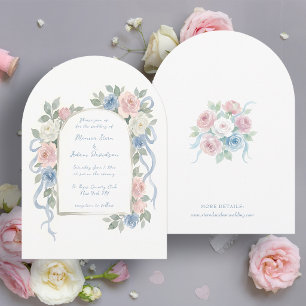Pastel Pink, White and Blue Roses & Ribbon Arch Invitation