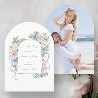 Pastel Pink, White and Blue Roses & Ribbon Arch Save The Date