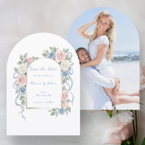 Pastel Pink, White and Blue Roses & Ribbon Arch Save The Date