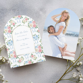 Pastel Pink, White and Blue Roses & Ribbon Arch Save The Date