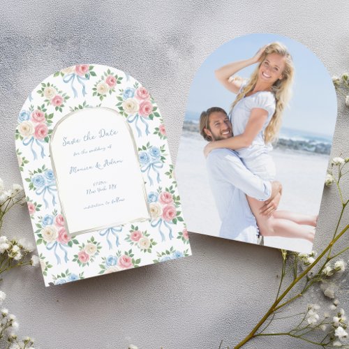 Pastel Pink, White and Blue Roses & Ribbon Arch Save The Date