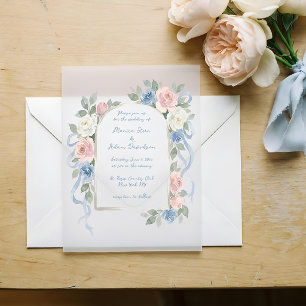 Pastel Pink, White and Blue Roses & Ribbon Arch Vellum Invitations