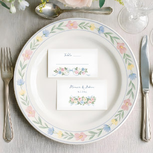 Pastel Pink, White and Blue Roses & Ribbon Place Card