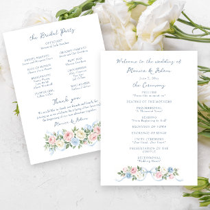 Pastel Pink, White and Blue Roses & Ribbon Program