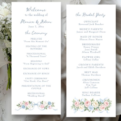 Pastel Pink, White and Blue Roses & Ribbon Program
