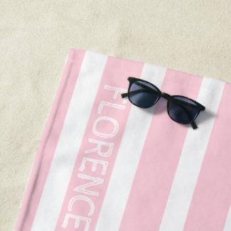 pastel pink white  cabana stripes  - personalized beach towel