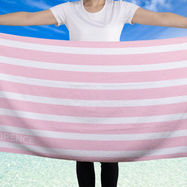 pastel pink white  cabana stripes  - personalized beach towel (Creator Uploaded)