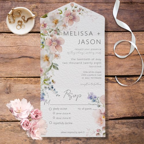 Pastel Pink  White Floral Modern Dinner All In One Invitation