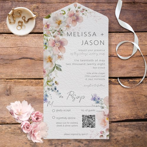 Pastel Pink  White Floral Modern QR Code All In One Invitation